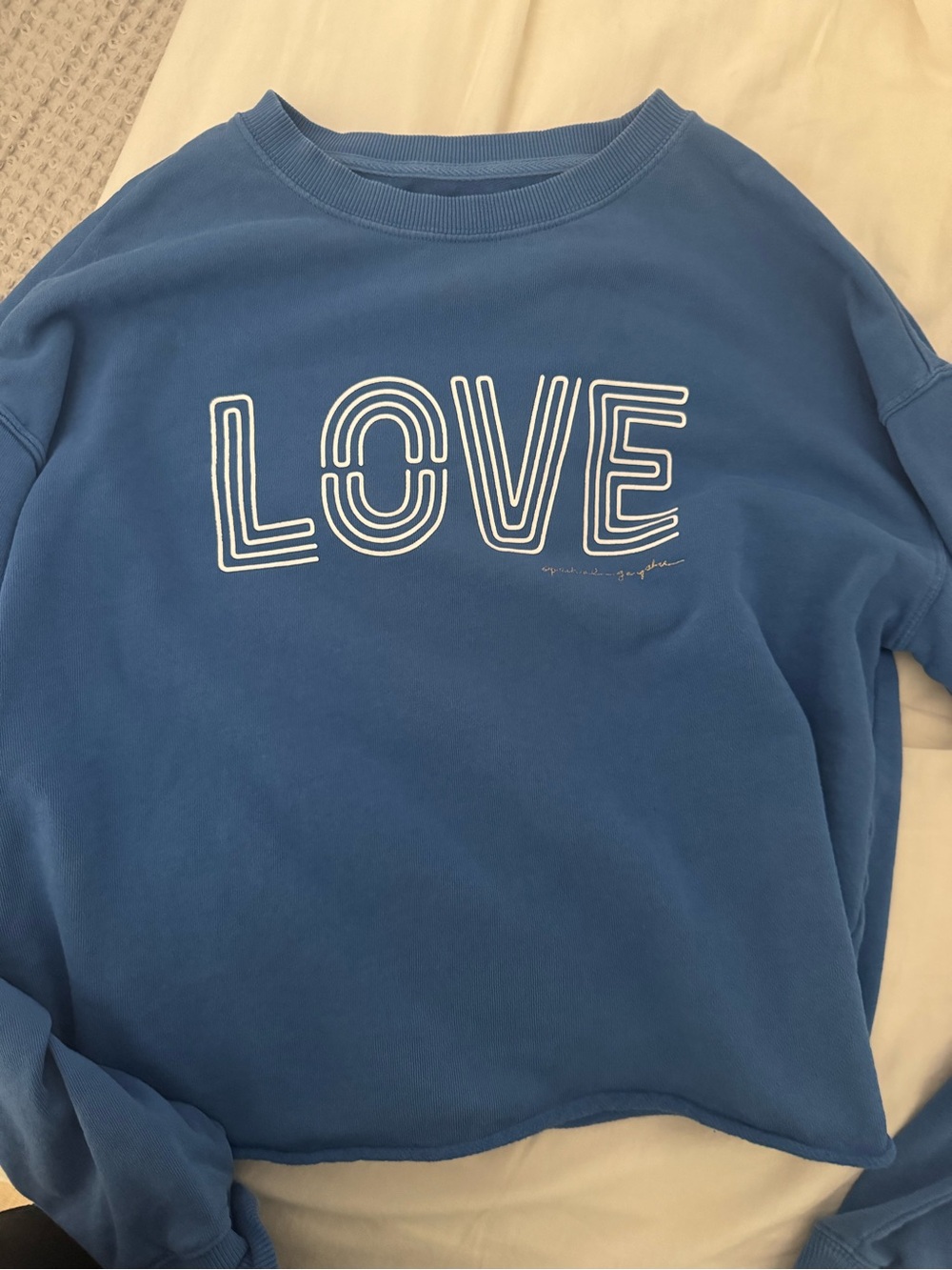Spiritual Gangster Blue 'LOVE' Graphic Sweatshirt crop/cut bottom
